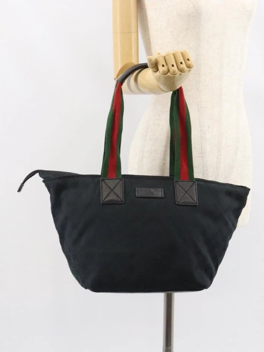 GUCCI GG Canvas Web Sherry Line Tote Bag Black Red 131230 Auth 162189